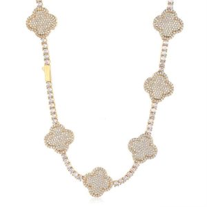 Hip-hop spring buckle four-leaf clover tennis chain zircon necklace high-end versatile jewelry men's necklace  16-24in Color Gold