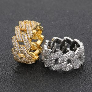Hip hop 11mm diamond Cuban chain ring with real gold electroplating and micro inlaid zircon, trendy hip-hop ring accessory
