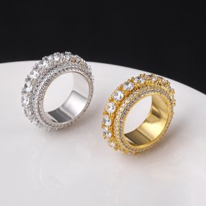 Hip-hop five-row full zircon rotating ring real gold electroplated hiphop rotating ring jewelry