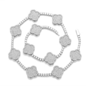 Hip-hop spring buckle four-leaf clover tennis chain zircon Necklace high-end versatile jewelry men's necklace  16-24in Color  Silver