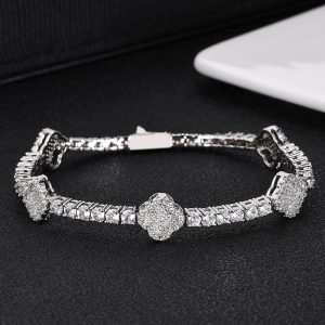 Hip-hop spring buckle four-leaf clover tennis chain zircon Bracelet high-end versatile jewelry men's Bracelet  7-9in Color silver
