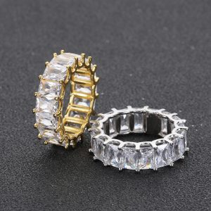 Hip-hop 7mm single row rectangular zircon ring real gold electroplated trendy hipphop men and women ring accessories