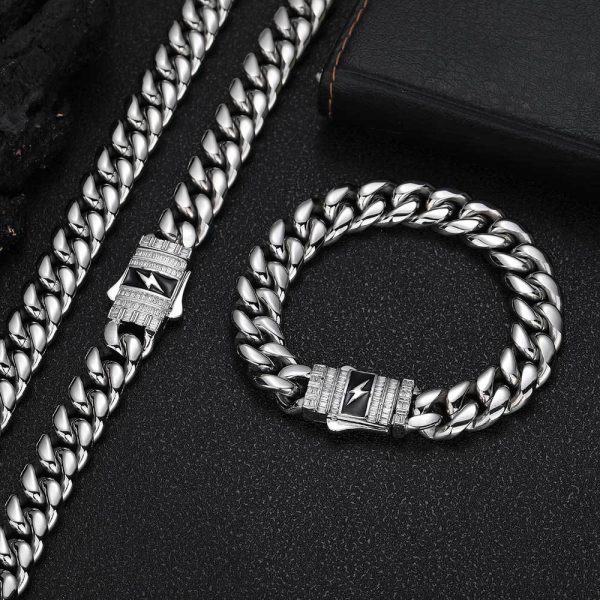 12mm Lightning Zircon Spring Buckle Stainless Steel Cuban Bracelet Cross-border Hip Hop Titanium Steel Jewelry Men's Bracelet - Image 2