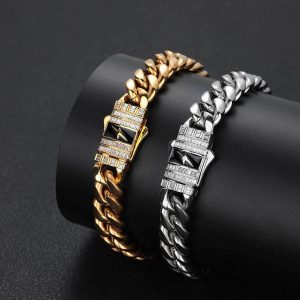 12mm Lightning Zircon Spring Buckle Stainless Steel Cuban Bracelet Cross-border Hip Hop Titanium Steel Jewelry Men's Bracelet