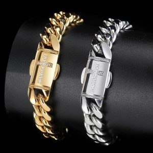 12mm Hip-hop stainless steel Cuba chain electroplated real gold 18K titanium steel men's hiphop trendy bracelet wholesale