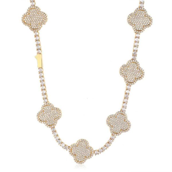 Hip-hop spring buckle four-leaf clover tennis chain zircon necklace high-end versatile jewelry men's necklace  16-24in Color Gold