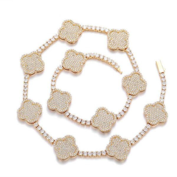 Hip-hop spring buckle four-leaf clover tennis chain zircon necklace high-end versatile jewelry men's necklace  16-24in Color Gold - Image 5