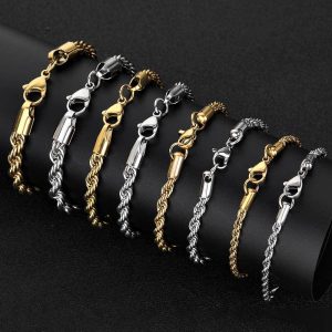 hip-hop titanium steel bracelets multi-spec stainless steel twist chain vacuum color-keeping electroplating twist rope chain wholesale