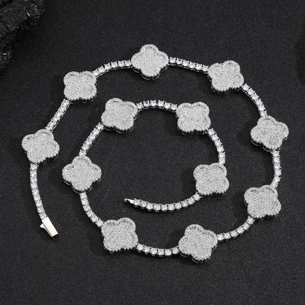 Hip-hop spring buckle four-leaf clover tennis chain zircon Necklace high-end versatile jewelry men's necklace  16-24in Color  Silver - Image 3