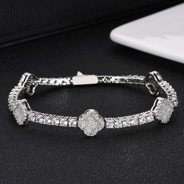 Hip-hop spring buckle four-leaf clover tennis chain zircon Bracelet high-end versatile jewelry men's Bracelet  7-9in Color silver