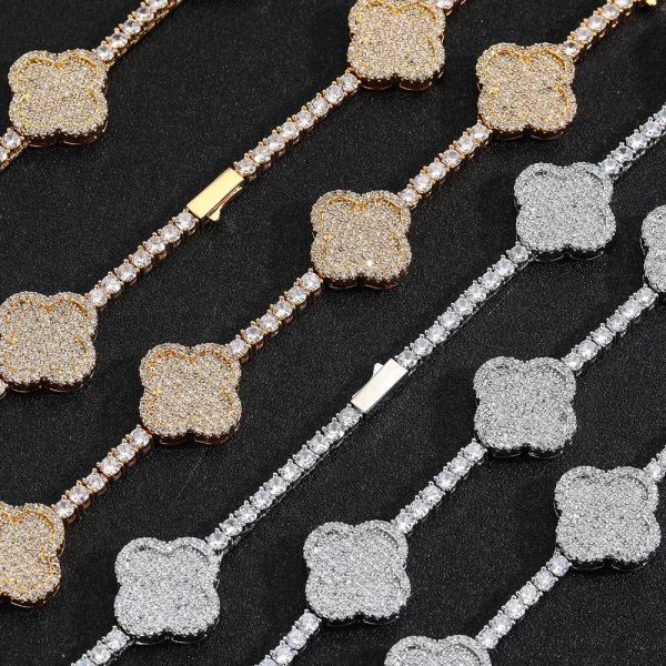 Hip-hop spring buckle four-leaf clover tennis chain zircon necklace high-end versatile jewelry men's necklace  16-24in Color Gold - Image 2