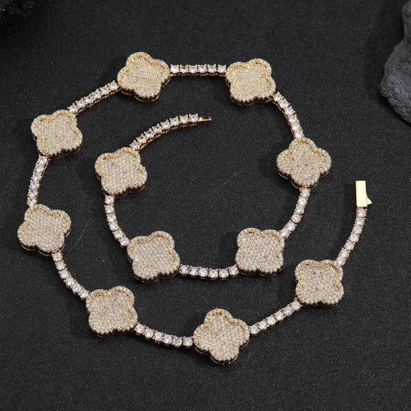 Hip-hop spring buckle four-leaf clover tennis chain zircon necklace high-end versatile jewelry men's necklace  16-24in Color Gold - Image 4