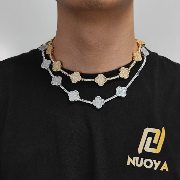 Hip-hop spring buckle four-leaf clover tennis chain zircon necklace high-end versatile jewelry men's necklace  16-24in Color Gold - Image 3