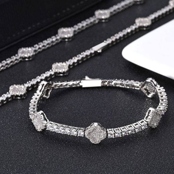 Hip-hop spring buckle four-leaf clover tennis chain zircon Bracelet high-end versatile jewelry men's Bracelet  7-9in Color silver - Image 3